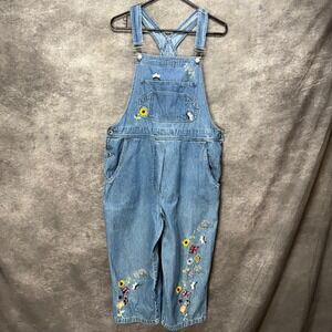 YK Agapo Embroidered Floral Cropped Denim Bib Overalls Womens M Cottage Boho
